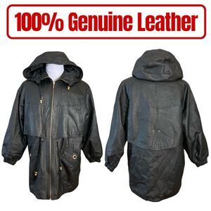 Vintage 90s GIII Leather Jacket Coat Hooded Parka Full Zip Men’s Large Vented